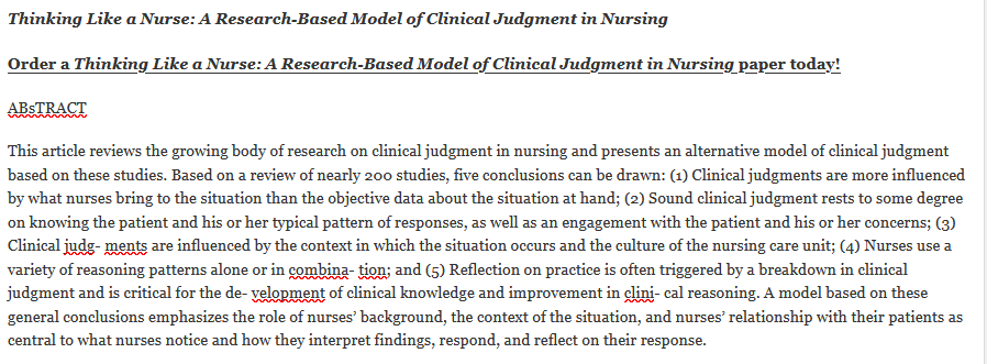 Thinking Like a Nurse: A Research-Based Model of Clinical Judgment in ...